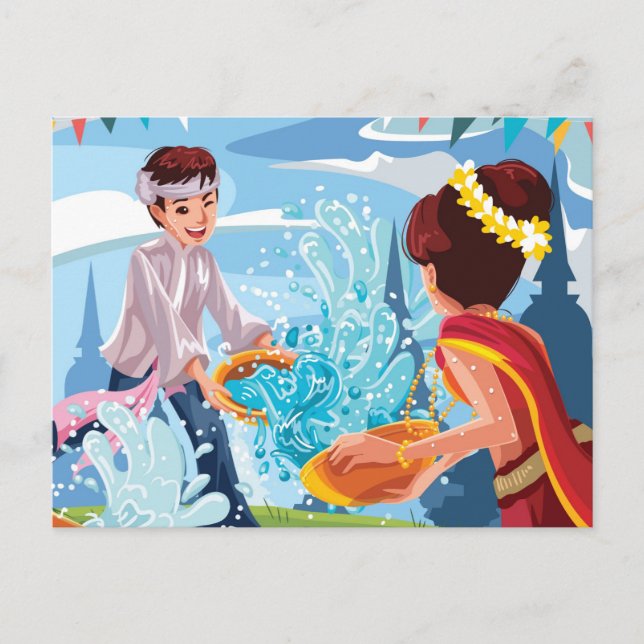 Cartão Postal Belo Festival Songkran Jogando Água (Frente)