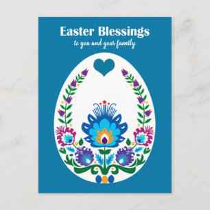 Cartão Postal 🐤 Belo Folclore Azul Pysanka Ovo de Páscoa