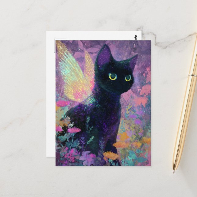 Cartão Postal Belo Gato Preto Com Asas de Fada (Frente/Verso In Situ)