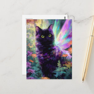 Cartão Postal Belo Gato Preto Com Asas de Fada