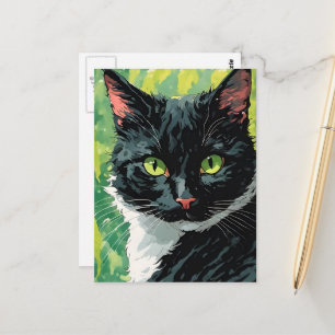 Cartão Postal Belo Gato Preto e Branco