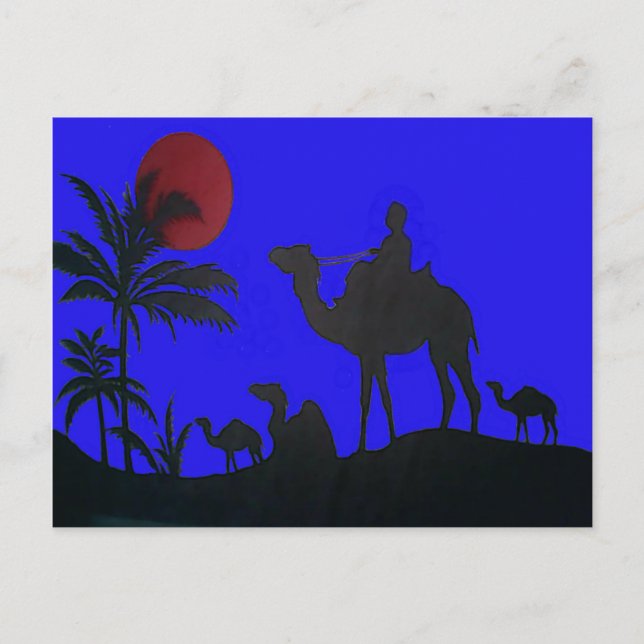 Cartão Postal Belo Impressão de Arte Sunset Camel Safari (Frente)