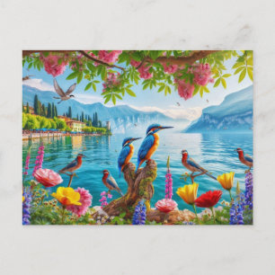 Cartão Postal Belo lago com pássaros e flores Pintura