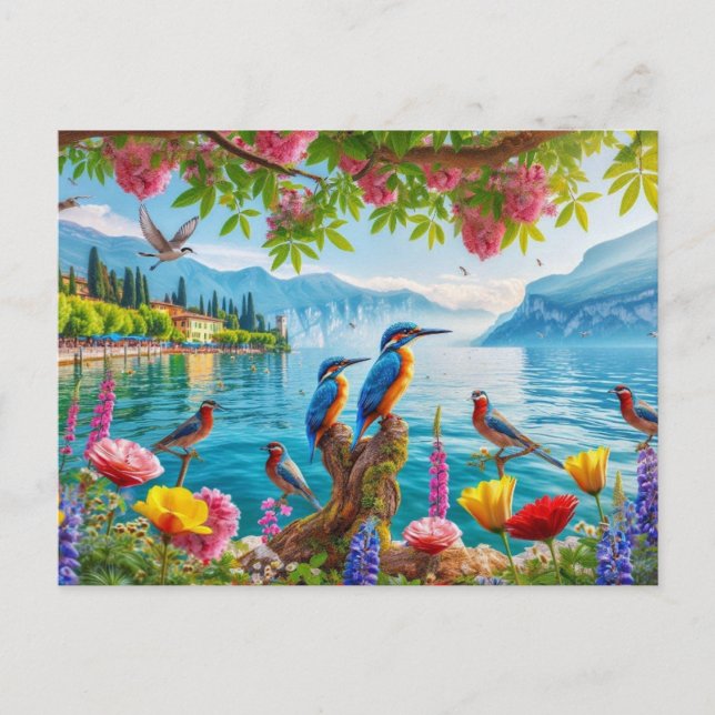 Cartão Postal Belo lago com pássaros e flores Pintura (Frente)
