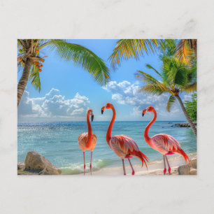 Cartão Postal Belo Oceano Rosa Flamingos Palmeiras Areia