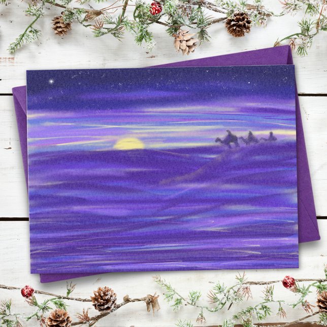 Cartão Postal Belo orçamento de Três Reis Magos aquarela (three wise men purple watercolor art Christmas holiday greetings budget postcard)