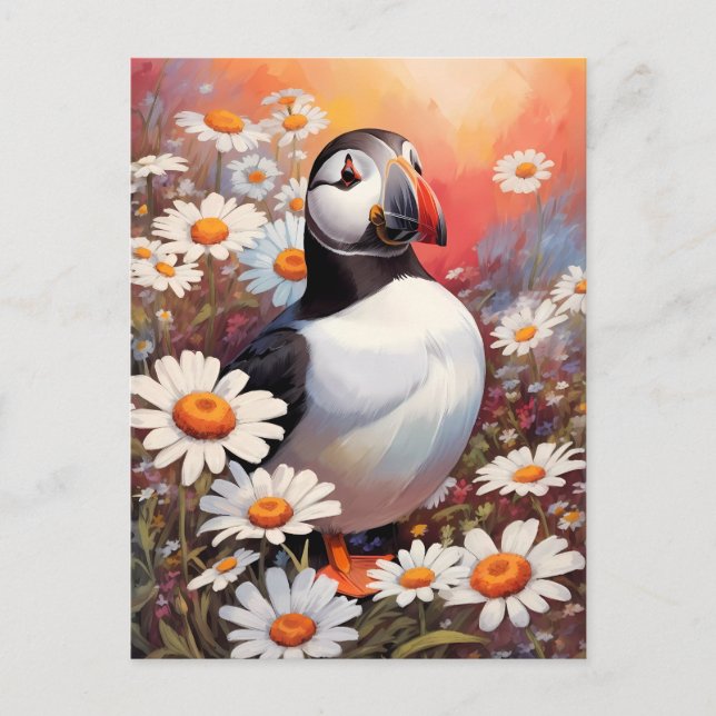 Cartão Postal Belo Puffin Em Daisy Field (Frente)