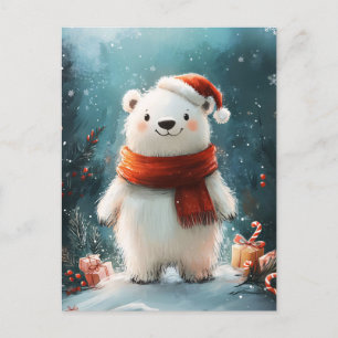Cartão Postal Belo Urso Polar Santa Hat e Arte Escarlate