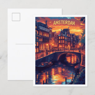 Cartão Postal Belo Viagem de Ilustração Vintage de Amsterdã