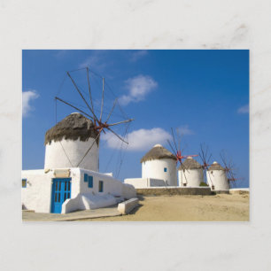 Cartão Postal Belos moinhos de vento na ilha de Mykonos,