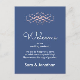 Cartão Postal Bem-vindo ao Nosso Casamento Rosa e Azul Escuro