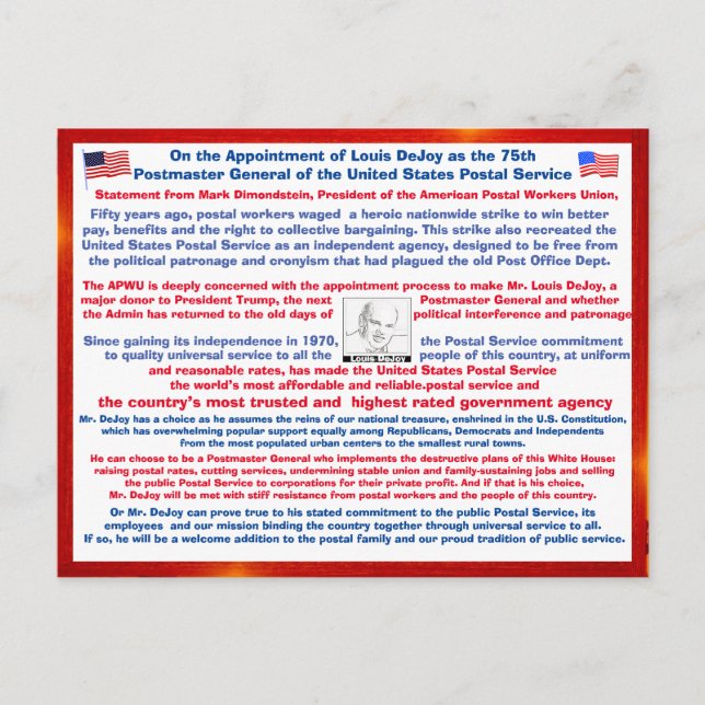 Cartão Postal Bem-vindo Louis DeJoy ao USPS (Frente)