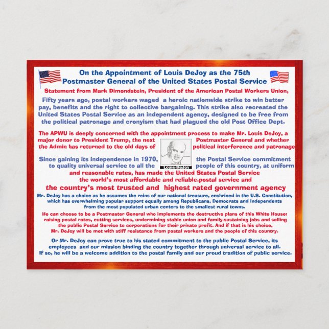 Cartão Postal Bem-vindo Louis DeJoy ao USPS#2 (Frente)