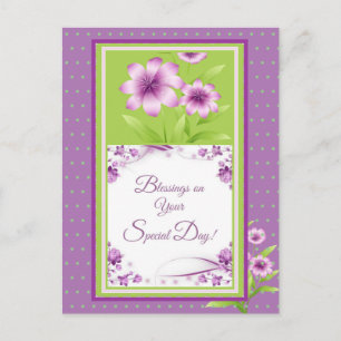 Cartão Postal Bendições no Seu Dia Especial flores roxas Pontos