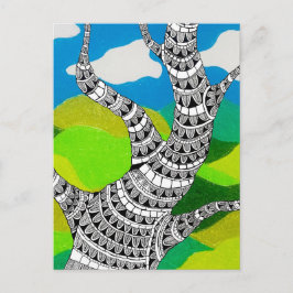 Cartão Postal Bendy Tree Design Clouds Grassy Landscape