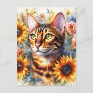 Cartão Postal Bengal Cat Floral Portrait Art