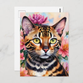 Cartão Postal Bengala Cat Watercolor Arte Floral