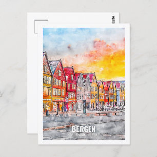 Cartão Postal Bergen Hordaland Norway Viagem Place Watercolor