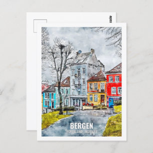 Cartão Postal Bergen Hordaland Norway Viagem Place Watercolor
