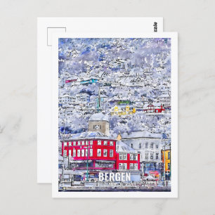 Cartão Postal Bergen Hordaland Norway Viagem Place Watercolor