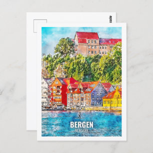 Cartão Postal Bergen Norway Famous Viagem Watercolor Sketch