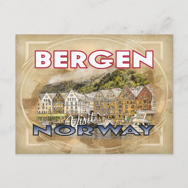 Cartão Postal Bergen, Visite a Noruega (Frente)
