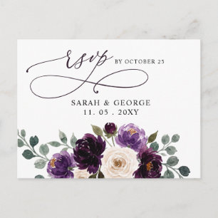 Cartão Postal Berinjela Floral Casamento Rsvp Roxo Marrom Claro