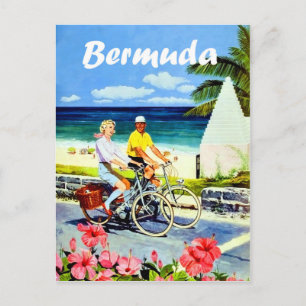Cartão Postal Bermudas, andando de bicicleta casal perto da prai