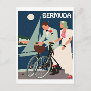 Cartão Postal Bermudas, casal jovem de bicicletas na costa