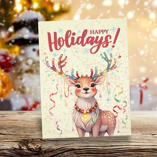 Cartão Postal Berna das Luzes de Natal Cuta, Amarelo, (Yellow Watercolor Cute Christmas Lights Reindeer Postcard)