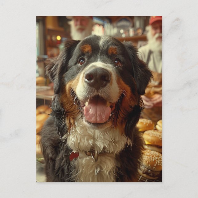 Cartão Postal Bernese Mountain Dog in the Cheeseburger Shop (Frente)