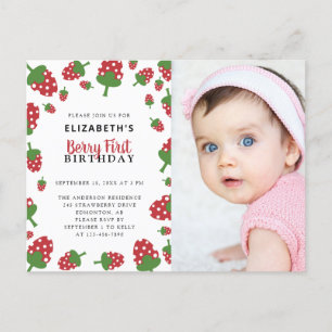 Cartão Postal Berry First Birthday Cute Strawberry Photo Invitat