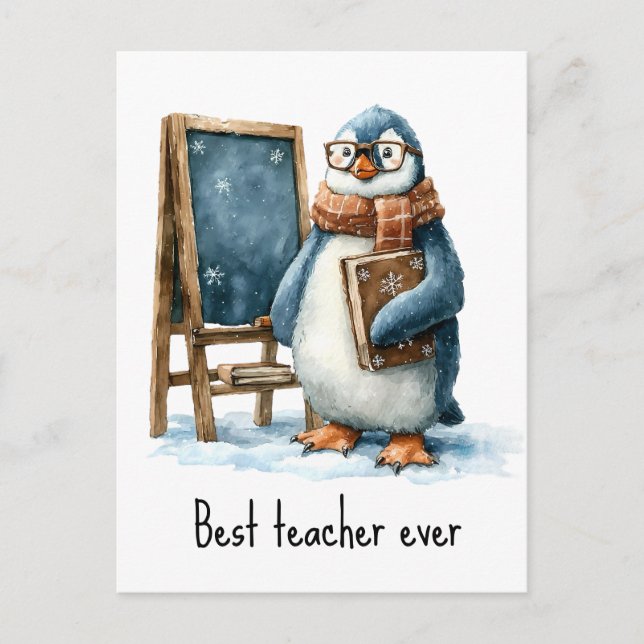 Cartão Postal Best Teacher Ever Winter Penguin Design (Frente)