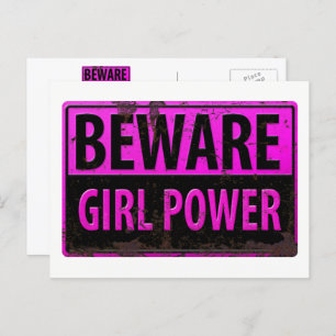 Cartão Postal BEWARE Girl Power - Sinal de perigo preto-rosa