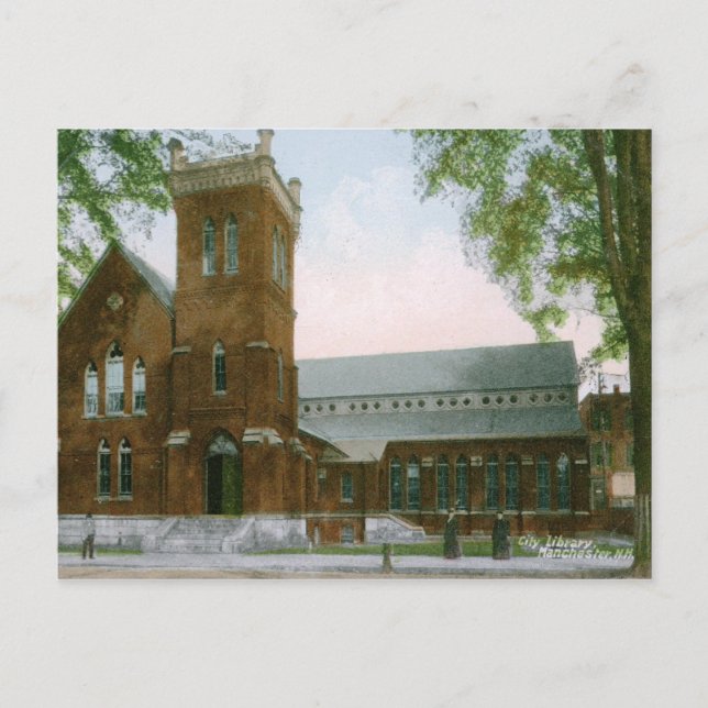 Cartão Postal Biblioteca, Manchester, NH 1909 Vintage (Frente)