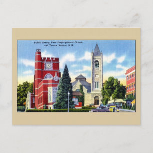 Cartão Postal Biblioteca Pública, Igreja, Tavern, Nashua NH