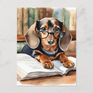Cartão Postal Biblioteca Vintage Watercolor Dachshund
