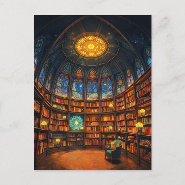 Cartão Postal Biblioteca Whimsical Flutuando Entre As Estrelas (Frente)