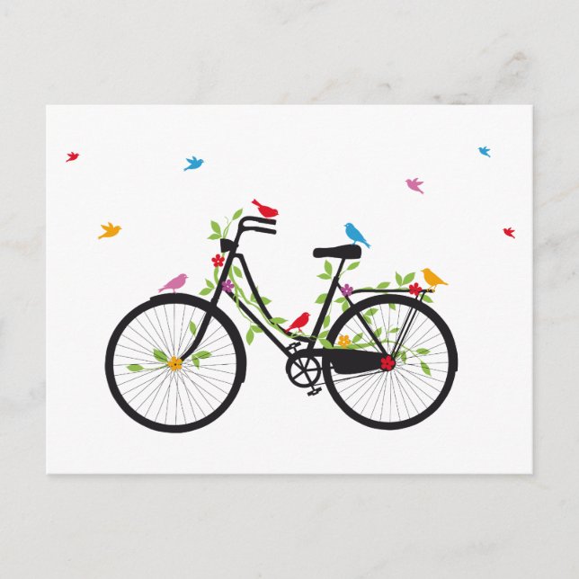 Cartão Postal Bicicleta antiga com flores e aves (Frente)