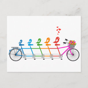 Cartão Postal bicicleta colorida tandem com família de aves bon