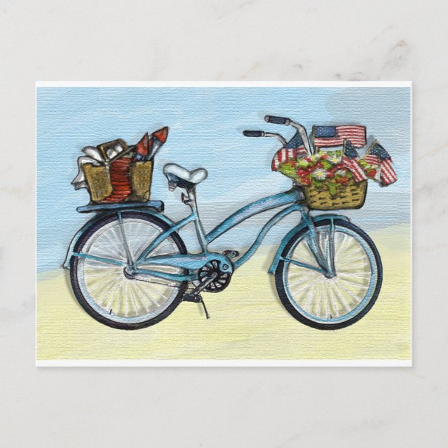 Cartão Postal Bicicleta com bandeiras americanas (Frente)