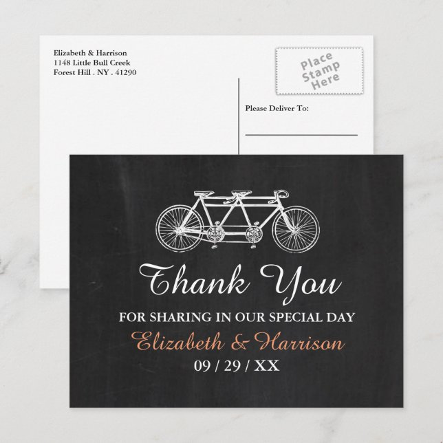 Cartão Postal Bicicleta Tandem em Quadro-negro Casamento Agradec (Frente/Verso)