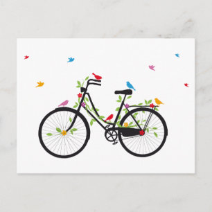 Cartão Postal Bicicleta velha com flores e aves