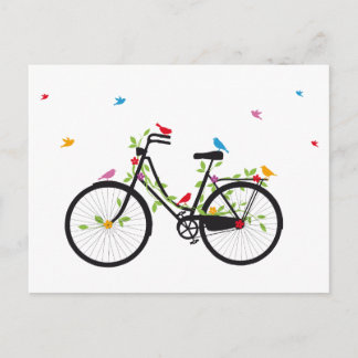 Cartão Postal Bicicleta velha com flores e aves