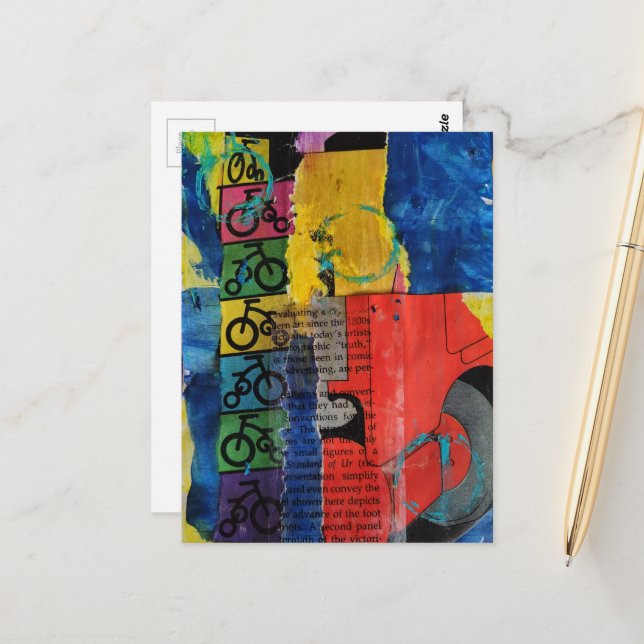 Cartão Postal Bicycles and Trucks mixed media collage (Frente/Verso In Situ)