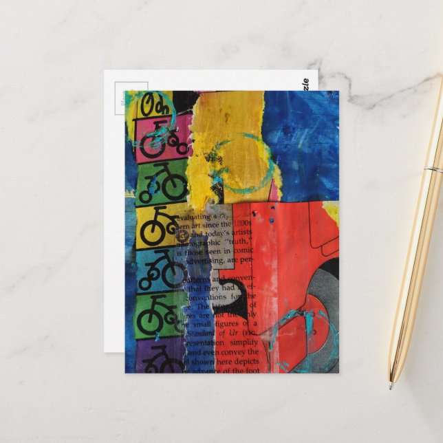 Cartão Postal Bicycles and Trucks mixed media collage (Frente/Verso In Situ)