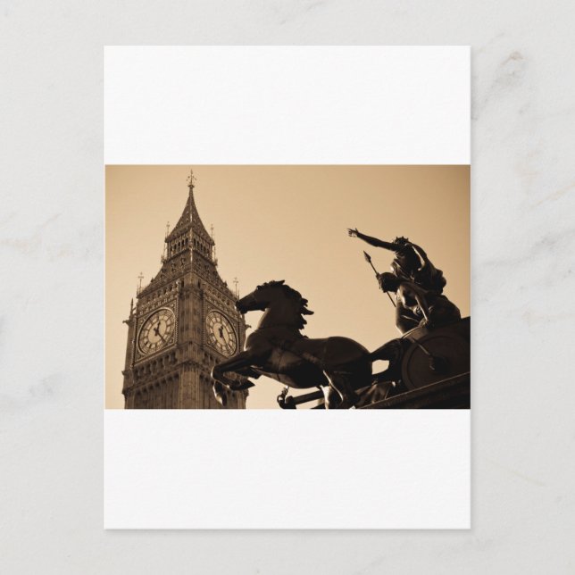 Cartão Postal Big Ben e estátua de Boadiceia em tom sépia (Frente)
