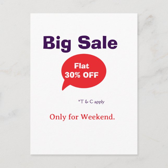 Cartão Postal Big sale discount offer weekend company shop T&C (Frente)