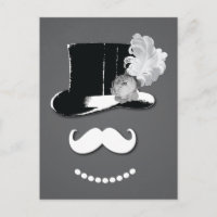 bigode branco, chapéu superior, pena e rosa