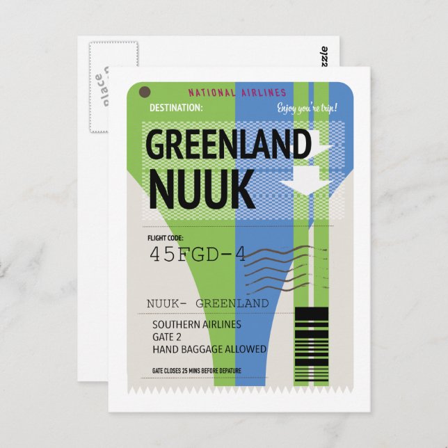 Cartão Postal Bilhete de viagem para Nuuk, Groenlândia (Frente/Verso)